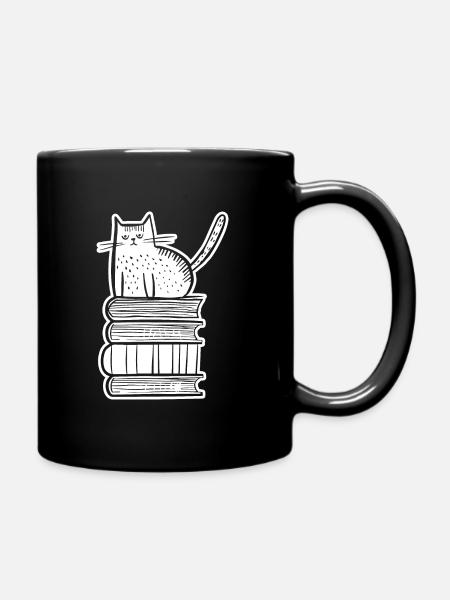 Katze mit Büchern - Tasse einfarbig - Schwarz
