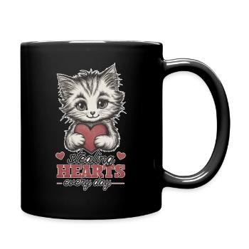 Chaton mignon qui vole des cœurs - Chat tenant un cœur - Mug uni - noir - Droite