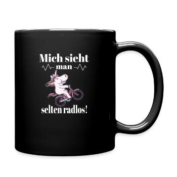 Einhorn auf einem Fahrrad mit einem Spruch - Tasse einfarbig - Schwarz - Rechts