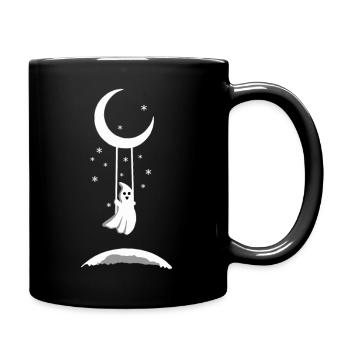 Cute ghost on moon swing in starry night - Full Colour Mug - black - Right