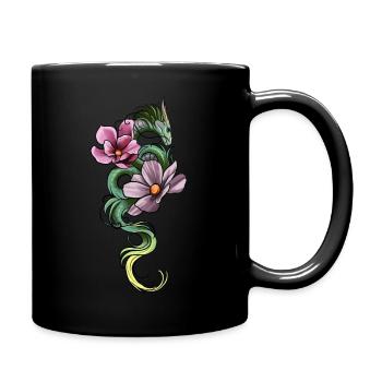 Grüner Drache mit Blumen - Tasse einfarbig - Schwarz - Rechts