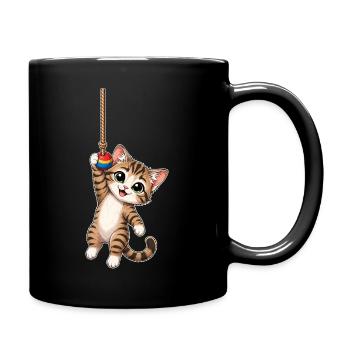 Katze hängt am Seil - Tasse einfarbig - Schwarz - Rechts