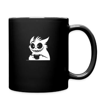 Katze auf Kaffee Trip mit Tasse und irrem Blick - Tasse einfarbig - Schwarz - Rechts