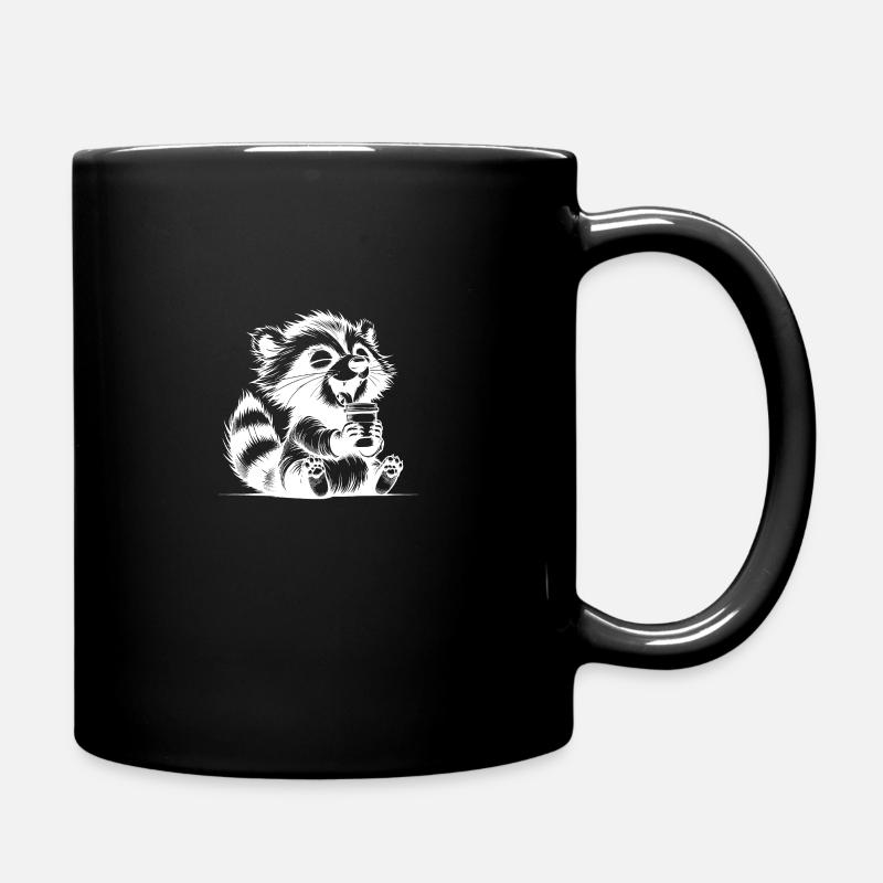 Happy raccoon with full coffee cup - Full Colour Mug - black