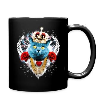 Blue Cat The King - cat crown laurel roses - Full Colour Mug - black - Right