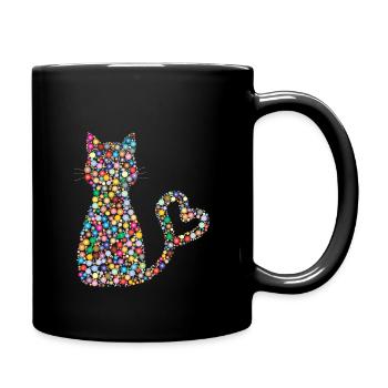 Kreis Muster Katze mit Herz Schwanz Schweif - Tasse einfarbig - Schwarz - Rechts