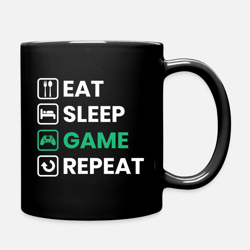 Eat Sleep Game Repeat - Gamer Gift - Full Colour Mug - black
