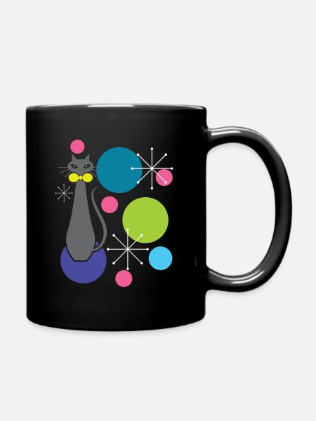 Retro Style Atomic Era Mid Century Cool Cat - Full Colour Mug - black