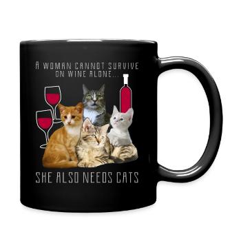 Frau kann mit Wein nicht überleben | Katzen Grafik - Tasse einfarbig - Schwarz - Rechts