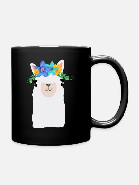 Alpaka mit Blumen - Tasse einfarbig - Schwarz