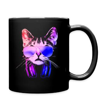 Cool Neon DJ Cat - Full Colour Mug - black - Right