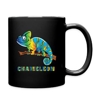 Buntes Chamäleon mit Buntem Schriftzug - Tasse einfarbig - Schwarz - Rechts