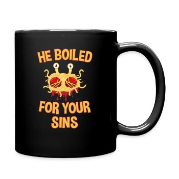 Gekocht für Ihre Sünden, die Spaghettimonster fliegen - Tasse einfarbig - Schwarz - Rechts