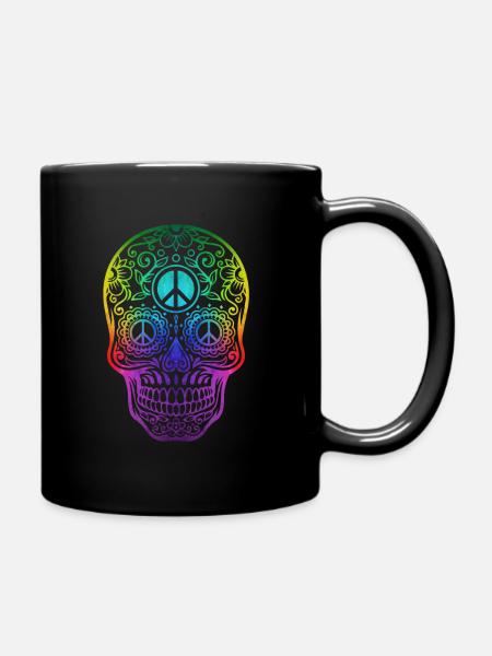 Bunter Hippie Totenschädel Peace - Tasse einfarbig - Schwarz