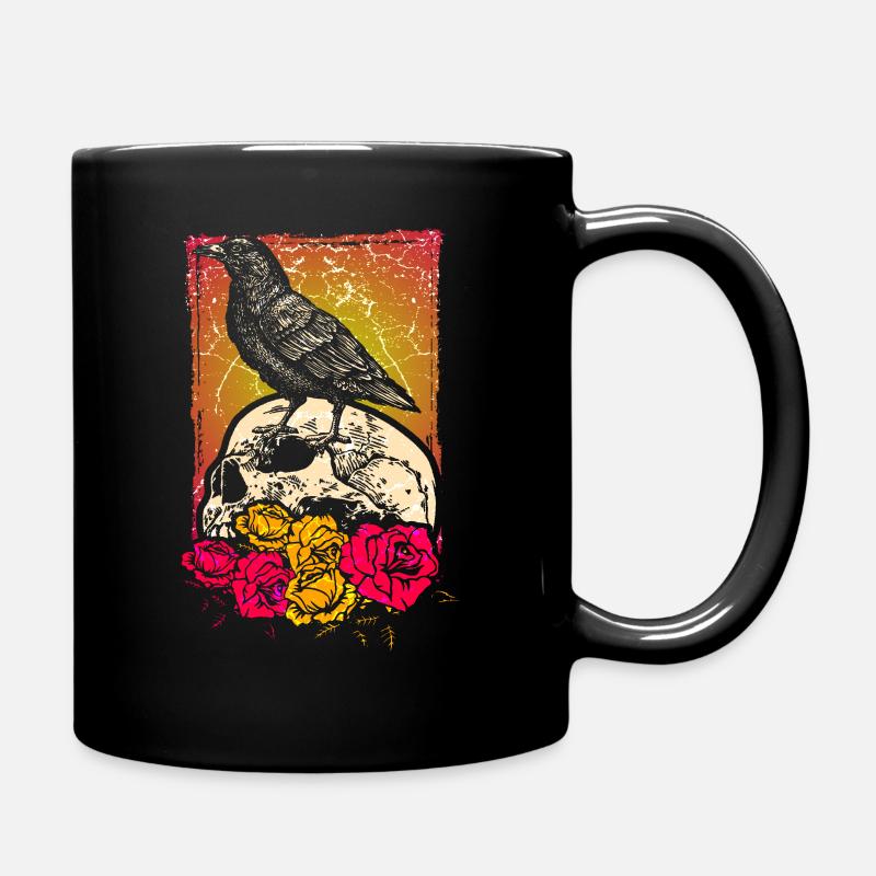 Rabe Krähe Totenkopf Blumen - Tasse einfarbig - Schwarz