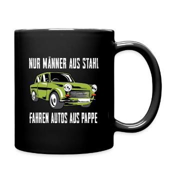 Männer aus Stahl fahren Autos aus Pappe  - Tasse einfarbig - Schwarz - Rechts