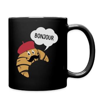 Bonjour Croissant With Mustache And Beret Hat Pun - Full Colour Mug - black - Right