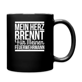 Mein Herz Bennt fuer meinen Feuerwehrmann - Tasse einfarbig - Schwarz - Rechts