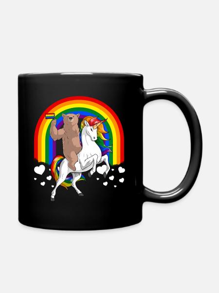 LGBT Grizzly Bear Riding Unicorn Gay Pride Rainbow - Full Colour Mug - black