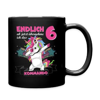 Kinderkleidung, Einhorn zum 6. Geburtstag, 6 Jahre - Tasse einfarbig - Schwarz - Rechts