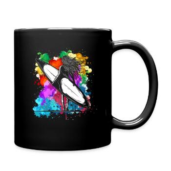 Planche de surf colorée fille vacances sports nautiques plage - Mug uni - noir - Droite