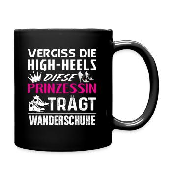 Prinzessin trägt Wanderschuhe / High-Heels, Berge - Tasse einfarbig - Schwarz - Rechts
