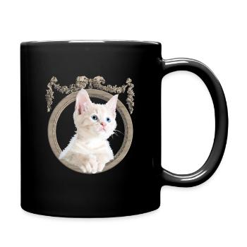 Cute white cat is curious, in vintage setting - Full Colour Mug - black - Right