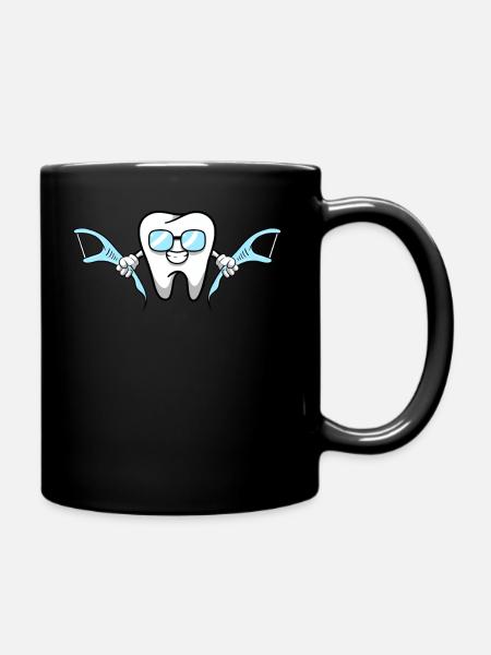 Lächelnde Karikatur Zahn Zahnseide Lazy Costume - Tasse einfarbig - Schwarz