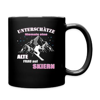 Skifahrerin, Alte Frau auf Skiern - Tasse einfarbig - Schwarz - Rechts