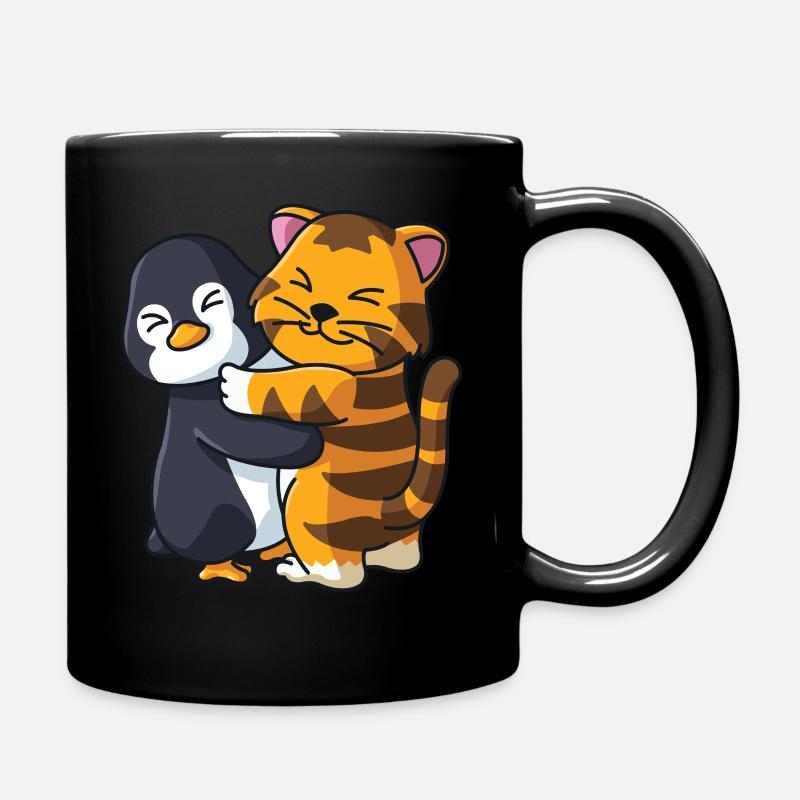 Penguin and tiger cute animals hugging - Full Colour Mug - black