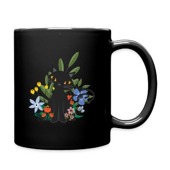 süße schwarze Katze mit bunten Blumen - Tasse einfarbig - Schwarz - Rechts