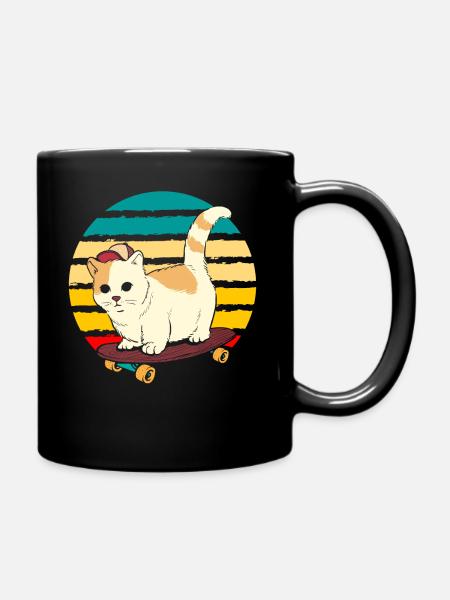 Cute Skateboard Cat Vintage Skating Kitty - Full Colour Mug - black