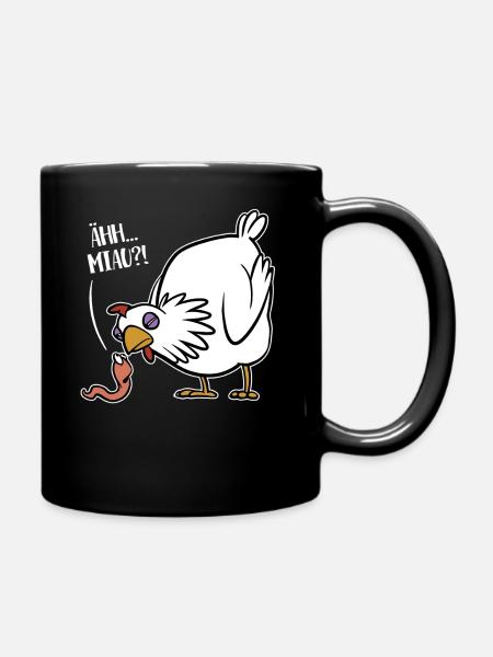 ÄHH… MIAU!? Frecher Wurm gegen Huhn lustiger Witz - Tasse einfarbig - Schwarz