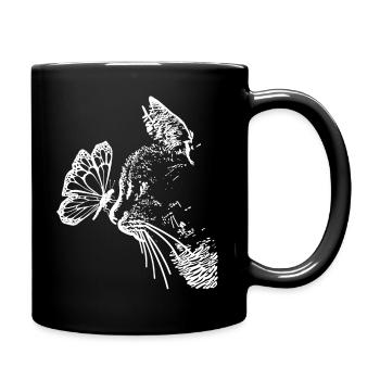 Katze Schmetterling Illustration Cat Butterfly - Tasse einfarbig - Schwarz - Rechts