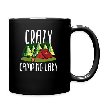 Funny Crazy Camping Lady print | Womens Tenting - Full Colour Mug - black - Right