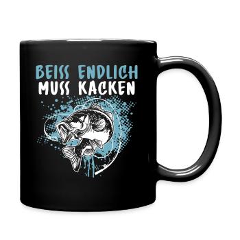 Lustiges Angler Fischer Beiss endlich muss kacken - Tasse einfarbig - Schwarz - Rechts