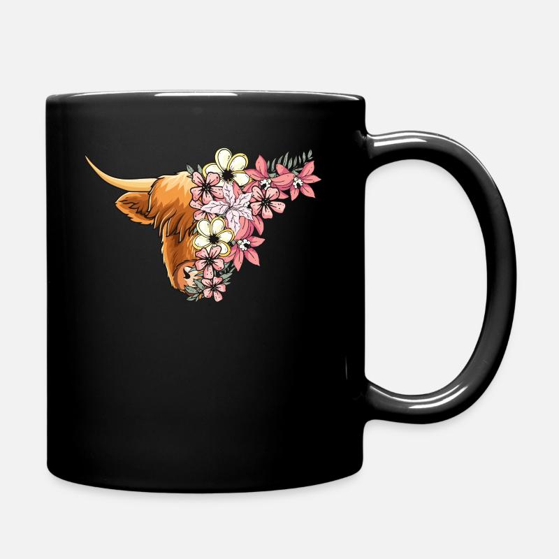 Hochlandrind mit Blumen - Tasse einfarbig - Schwarz