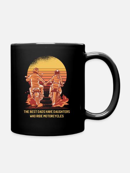 Retro Sunset Dad and Daughter riding motorcycle - Full Colour Mug - black