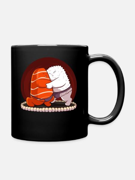 Japanese Sumo Sushi Salmon Hug Maki Nigiri Sashimi - Full Colour Mug - black