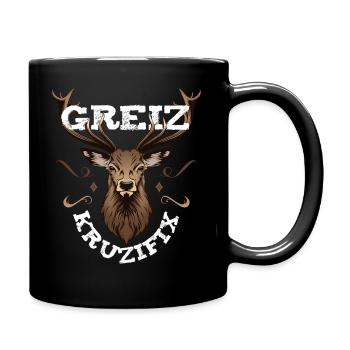 Greiz Kruzifix Fluchen bayrischer Dialekt Hirsch - Tasse einfarbig - Schwarz - Rechts