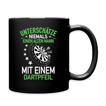 Alter Mann mit einem Dartpfeil Darts Dartspieler - Tasse einfarbig - Schwarz - Rechts