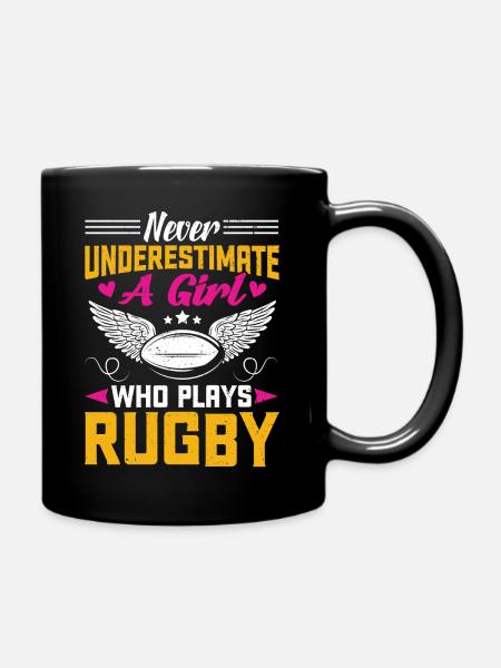 Never Underestimate a Girl Who plays Rugby - Full Colour Mug - black