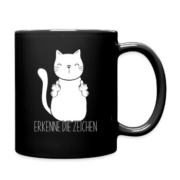 Lustiges ERKENNE DIE ZEICHEN Mittelfinger Katzen - Tasse einfarbig - Schwarz - Rechts