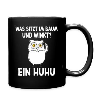 Was sitzt im Baum und winkt? Ein HUHU - Tasse einfarbig - Schwarz - Rechts