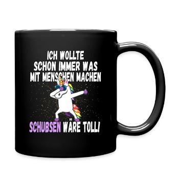 "Was mit Menschen machen" - lustig Einhorn Spruch - Tasse einfarbig - Schwarz - Rechts