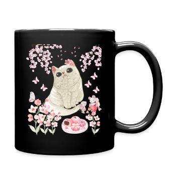 Cat Under Cherry Blossom - Full Colour Mug - black - Right