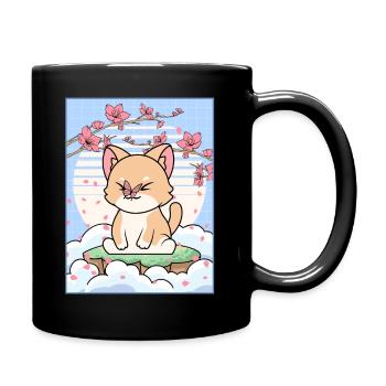 Japanese Aesthetic Kawaii Cat Cherry Blossom Gesche - Full Colour Mug - black - Right