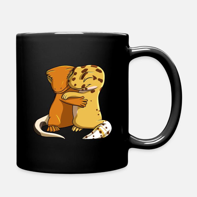 Cute Kawaii Leopard Gecko Hugging Crested Gecko - Full Colour Mug - black