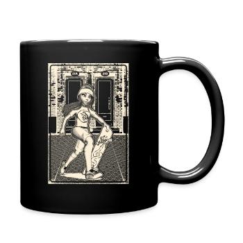 Girl with skateboard in front of brick masonry. - Full Colour Mug - black - Right