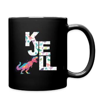 KJELL - Beautiful boy name with cute dinosaurs - Full Colour Mug - black - Right